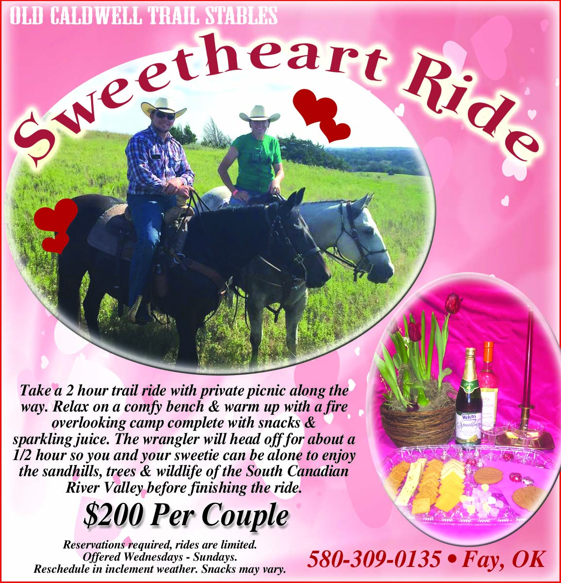 A flyer for a horseback ride with two people on horses.